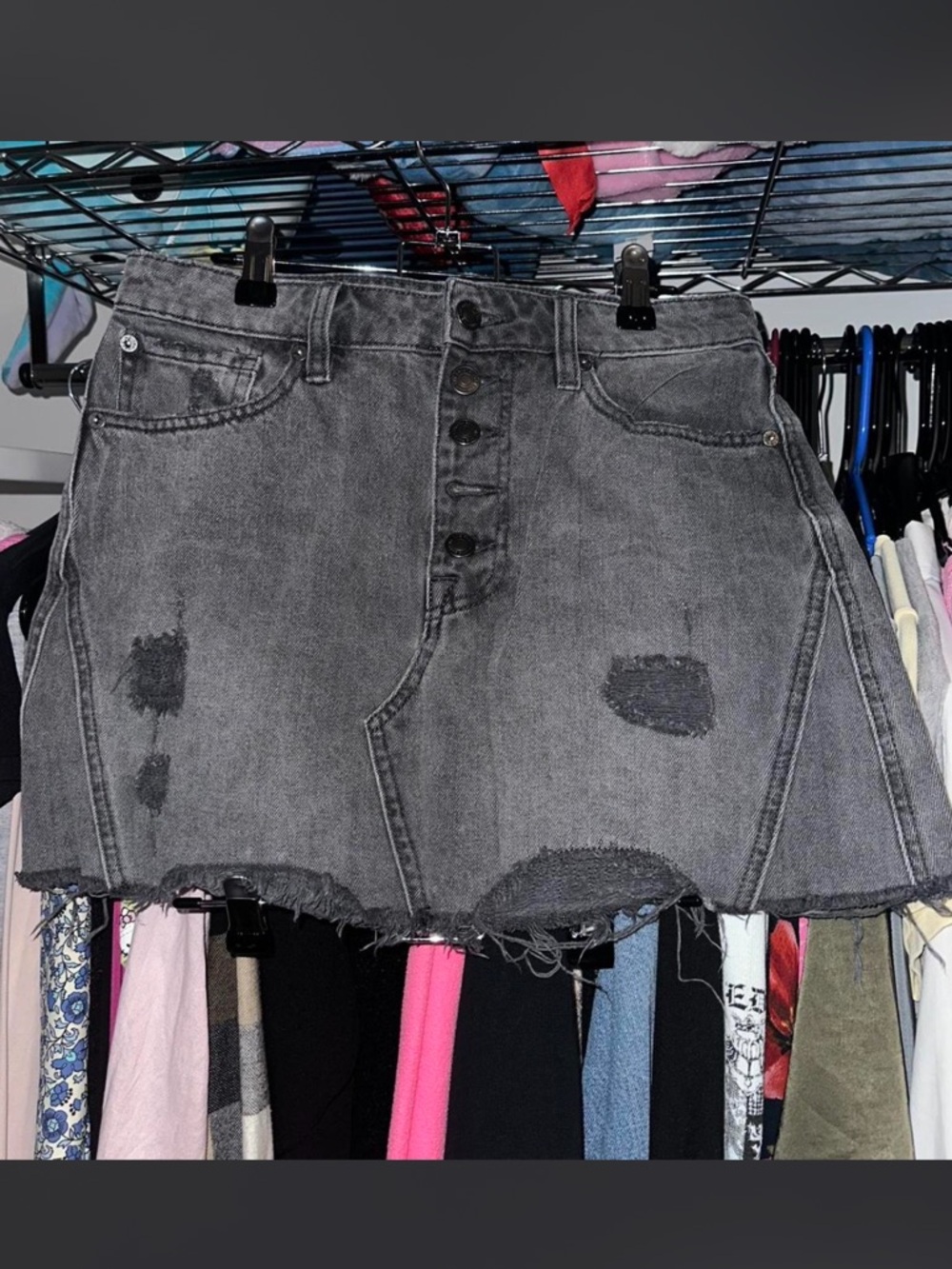 Free People Washed Black/Grey Distressed Denim Mini Skirt